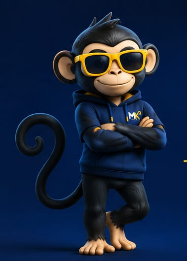 Mascote MK Studio: macaco com óculos amarelos e moletom azul-marinho, de braços cruzados